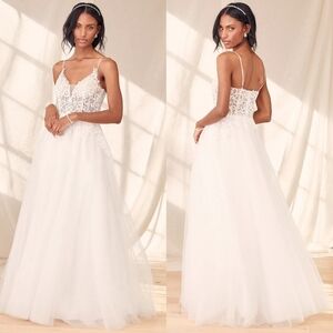 Lulus In Amazement White Tulle Embroidered Sleeveless Gown Wedding Bridal NWOT